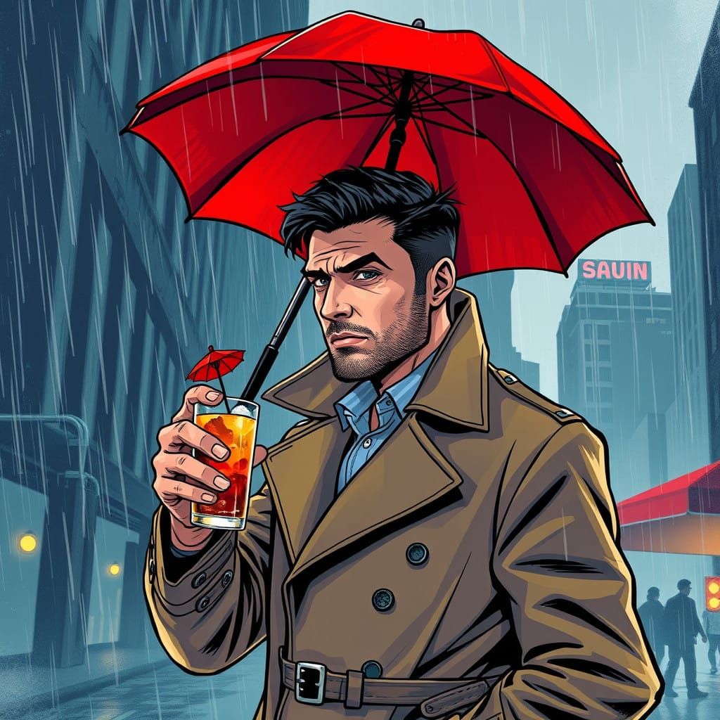 Man in a Trench Coat Holds Dual Umbrellas Under Rainy Citysc...