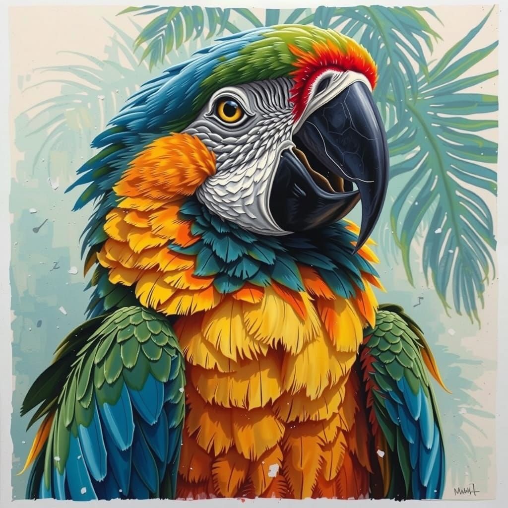 Exotic Parrot Head in Vibrant Teal, Yellow, and Reddish Oran...