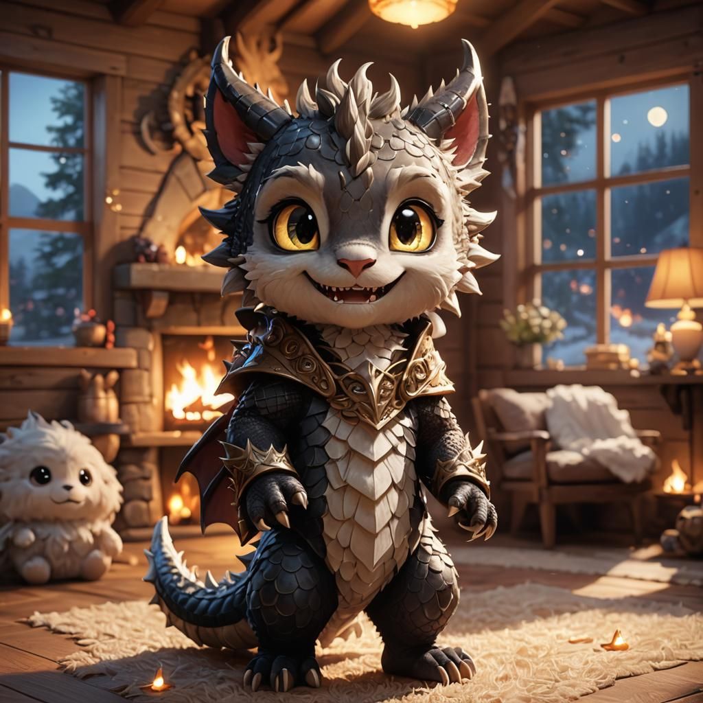 Adorable Chibi Dragon in Cozy Cabin, 3D Anime Art