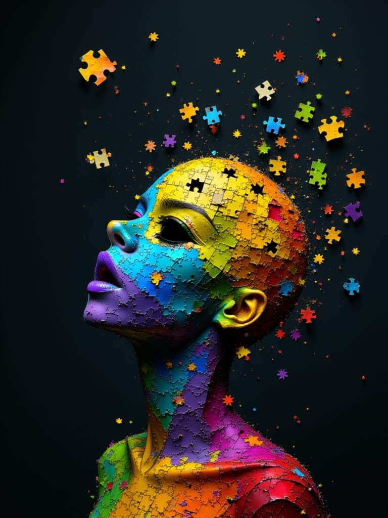 Puzzle Piece Figure with Empty Head in Surreal Style