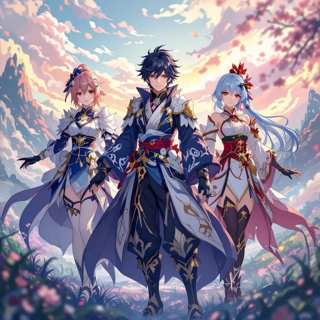 Genshin Impact Characters in a Dreamlike Landscape