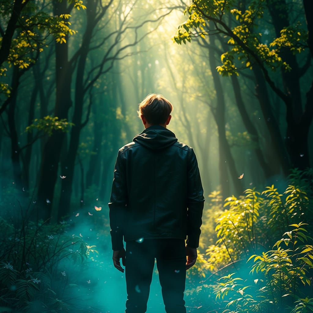 Young Man Lost in Mystical Forest, Worn Leather Jacket, Soft...