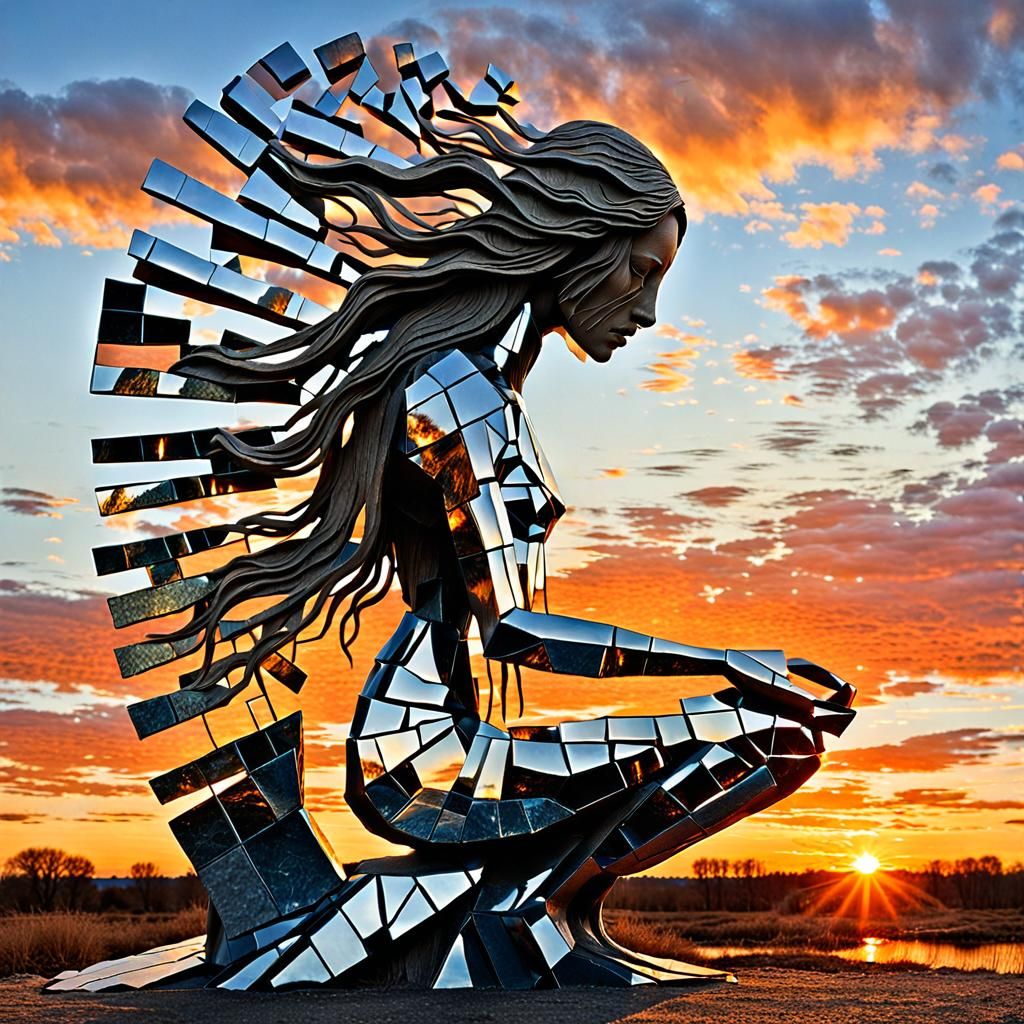 Surreal Fragmented Sculpture of Woman at Sunset