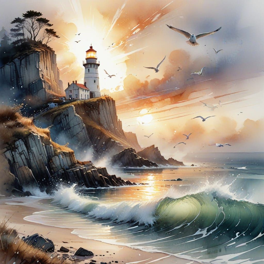 A charming coastal lighthouse perched atop rugged cliffs, seagulls circling in the salt-tinged air