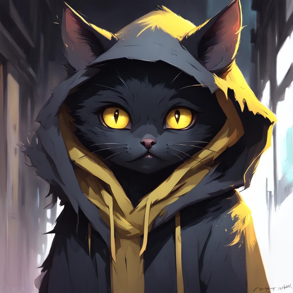 Chibi Black Cat Portrait in Abandoned Alleyway