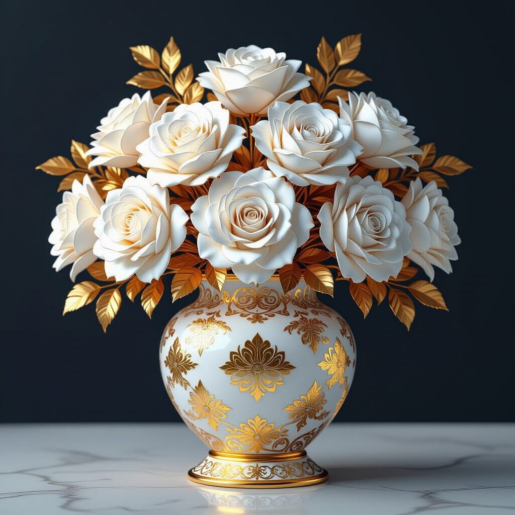 Ceramic Roses in Japanese Vase - Dark Fantasy Art
