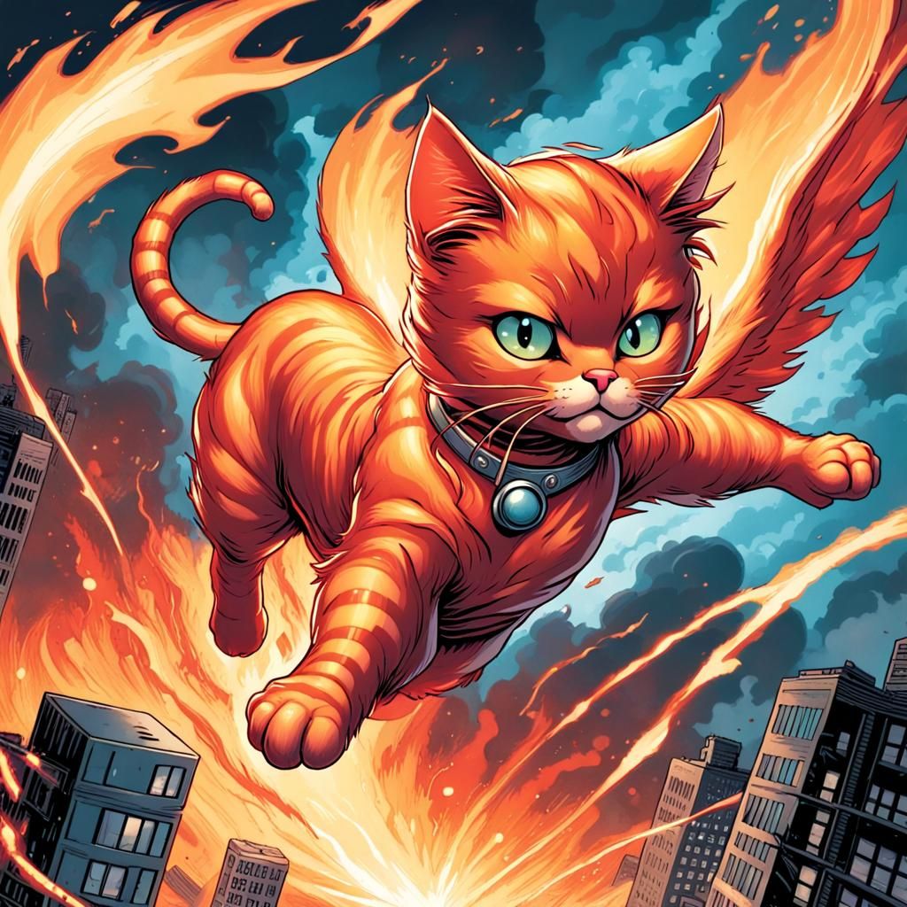 Fiery Feline Superhero in Comic Book Art Style