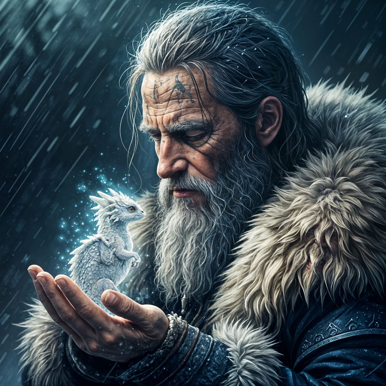 Viking Protector and Tiny Dragon in Snowstorm