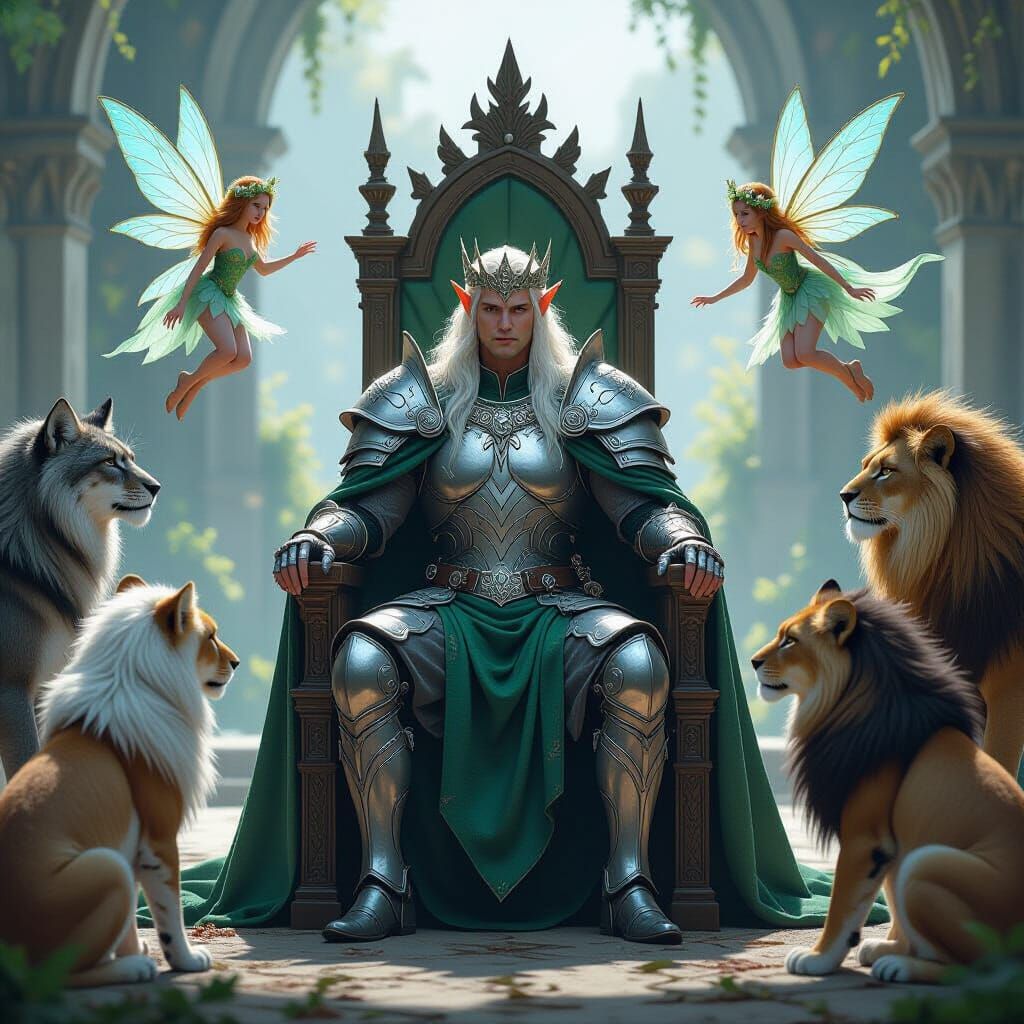 Elf King Judges Animals with Pixie and Fairy Companions