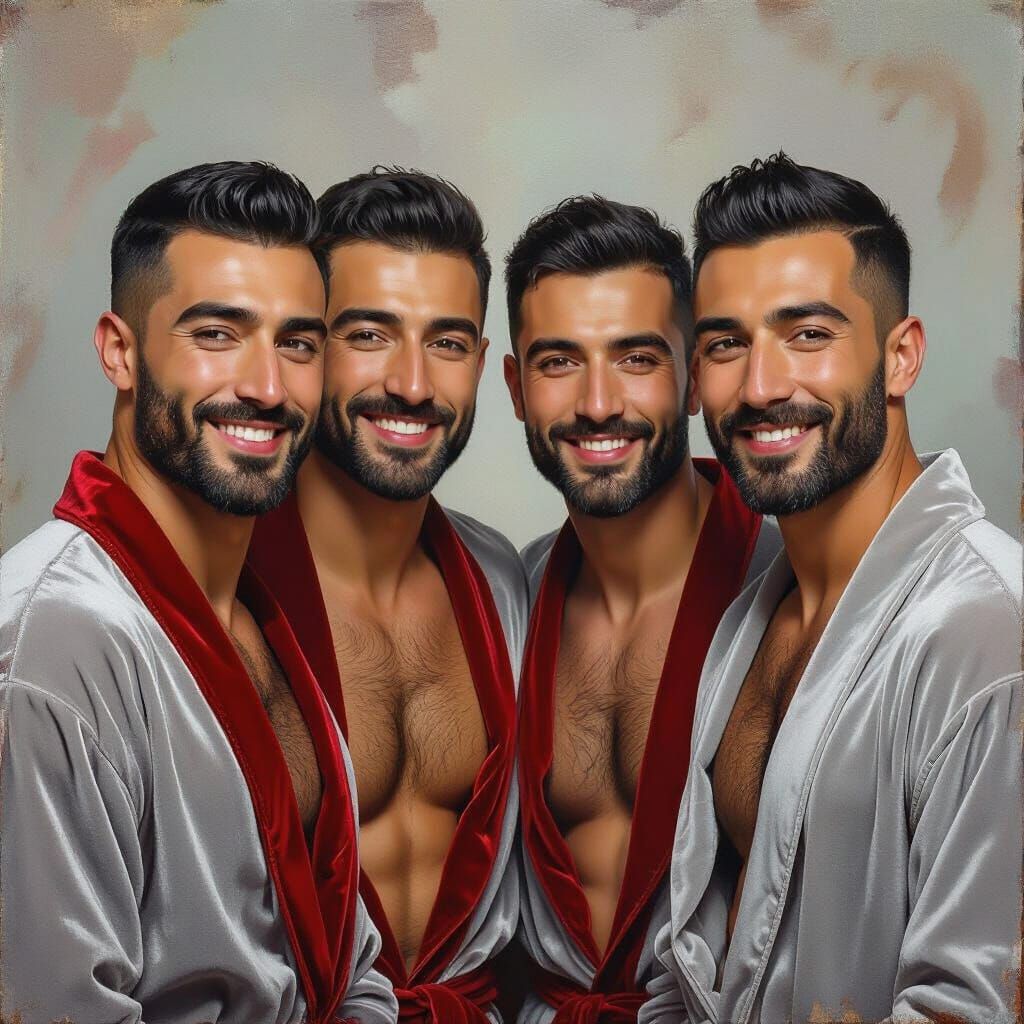 Four Handsome Men in Velvet Bathrobes, Impasto Oil Painting