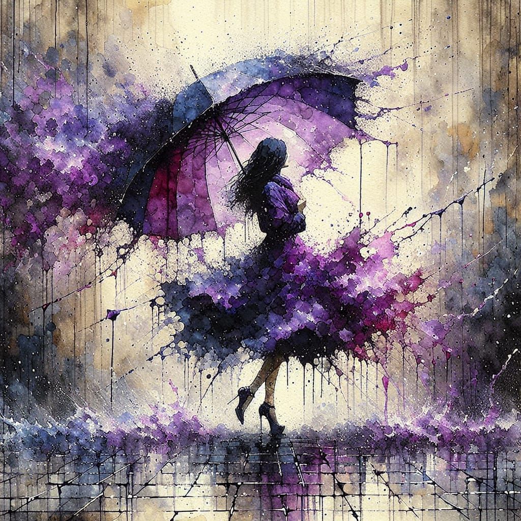 Girl in Rainy Abstract Expressionist Watercolor