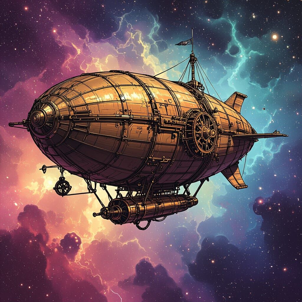 Steampunk Airship Sails Through Nebula in Detailed Ink
