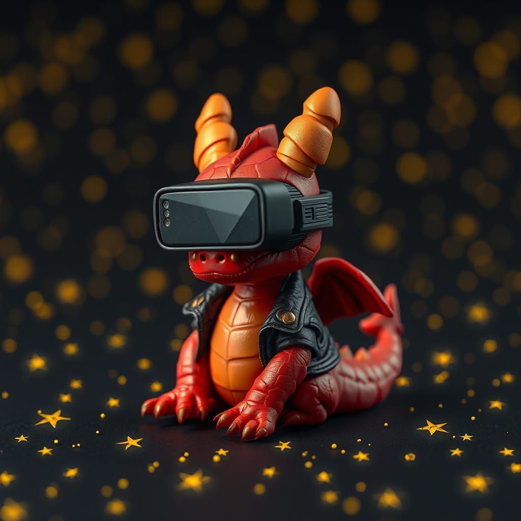 Red Dragon in VR Headset with Starry Background