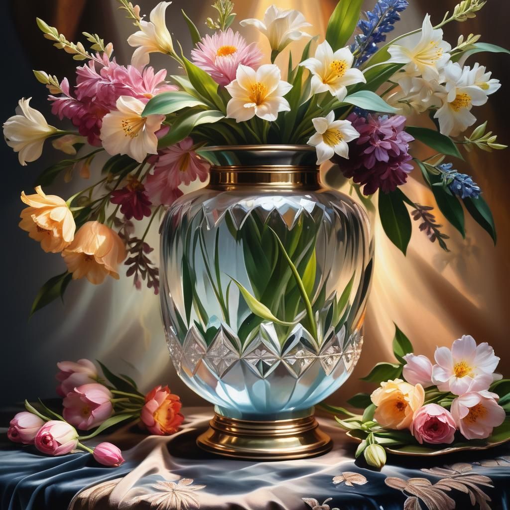 A luxurious crystal vase, spring flowers from tropical regio...