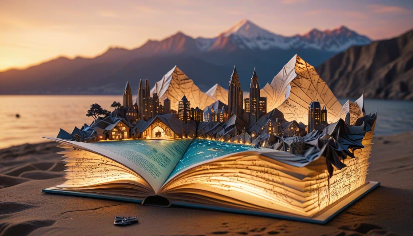 Steampunk Pop-Up Book City at Sunset