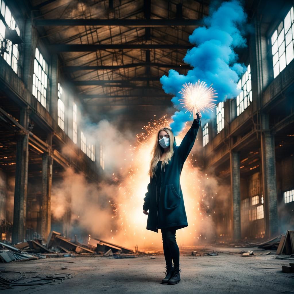 Girl with Guy Fawkes Mask in Steampunk Factory