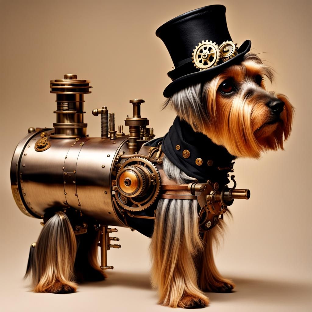 Steampunk Silky Terrier with Engine