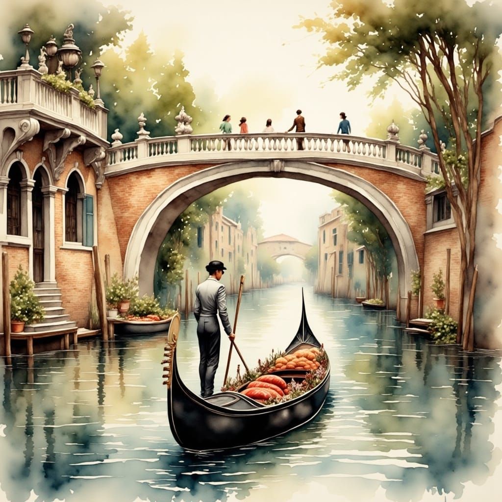 Gondola on Italian River in Watercolor Style