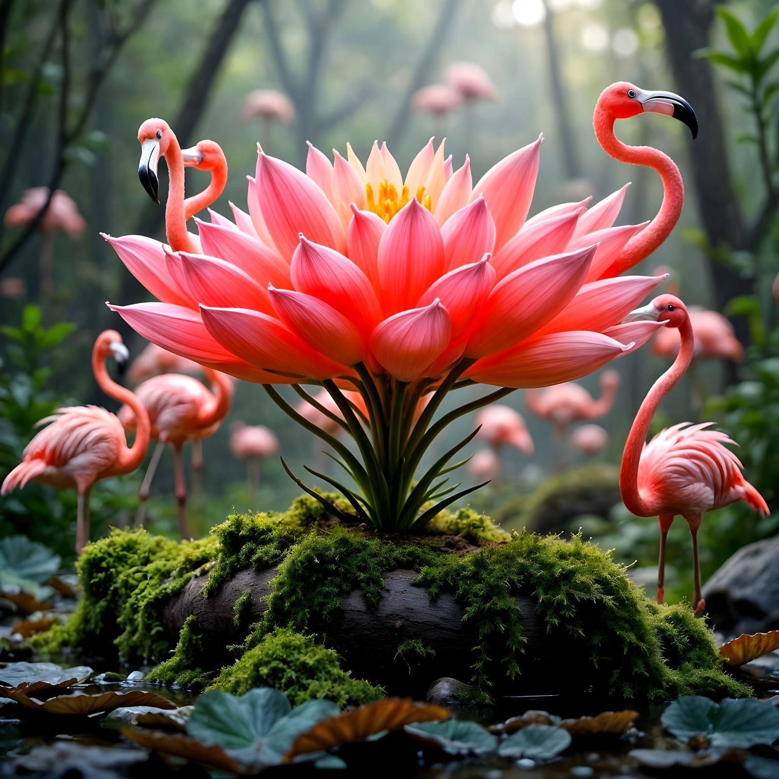 Intricate Flower Mimics Flamingo Growing on Mossy Log