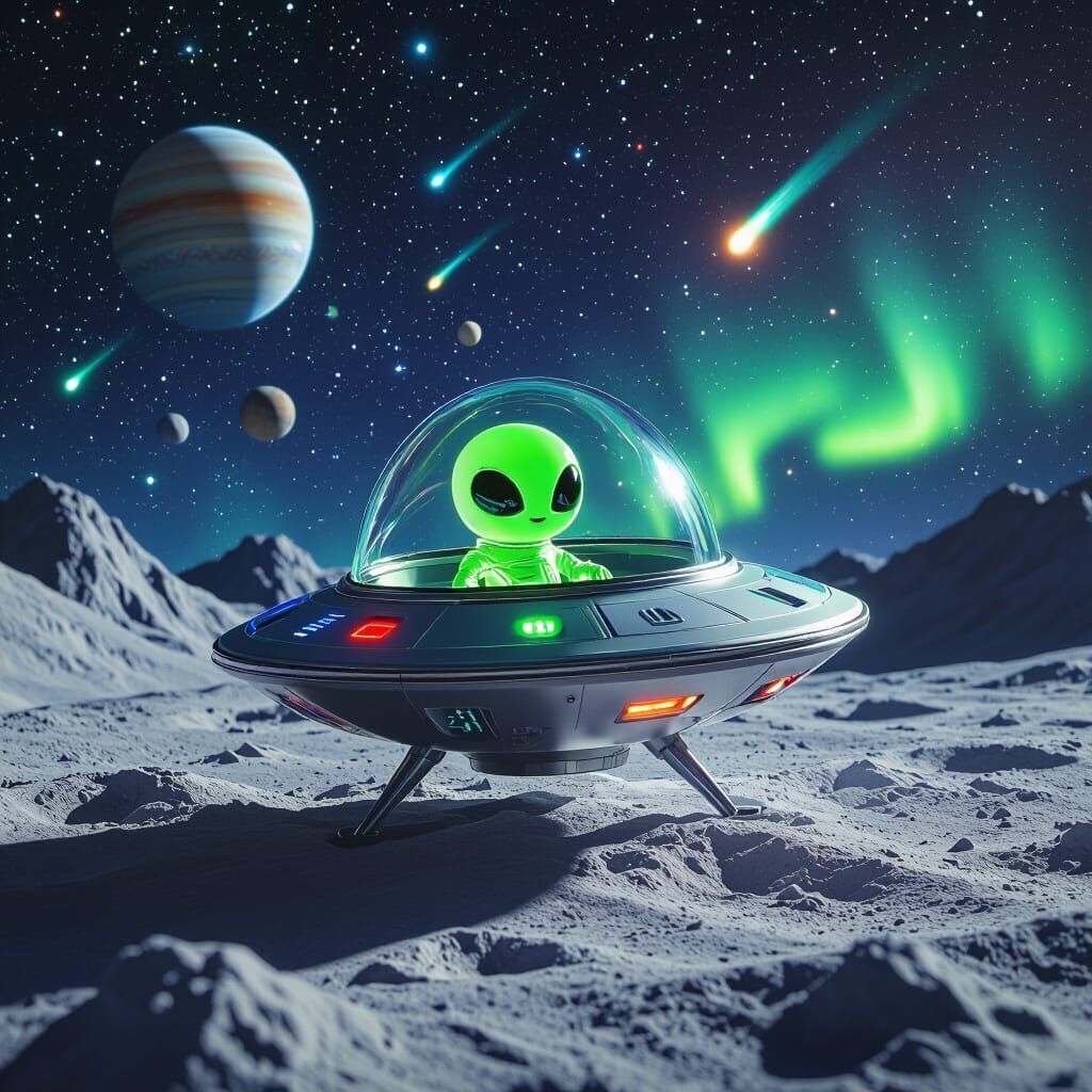 Hyperrealistic Alien Spaceship on Moon Under Starry Sky