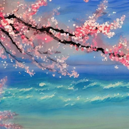 Cherry Blossoms Over Ocean in Gouache Style