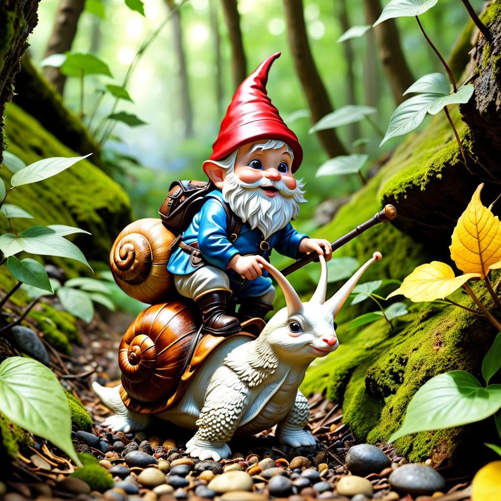 Garden Gnome Rides Snail Through Forest