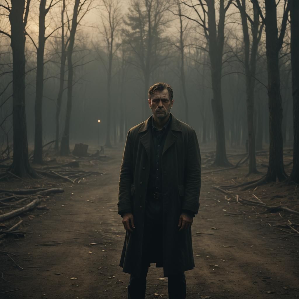 Man Confronts Darkness in Gritty Dark Fantasy Style