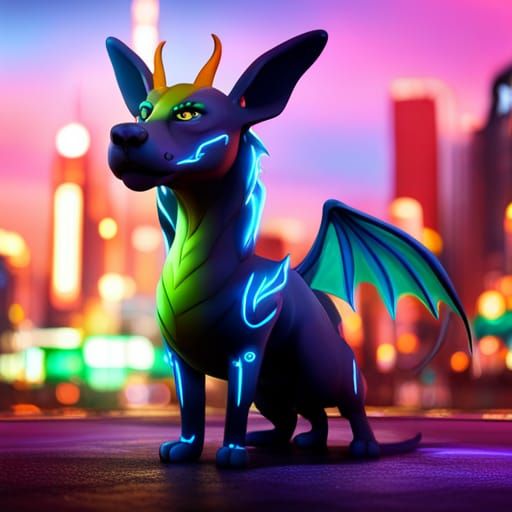 Neon Dragon-Dog Portrait in Detailed Digital Painting