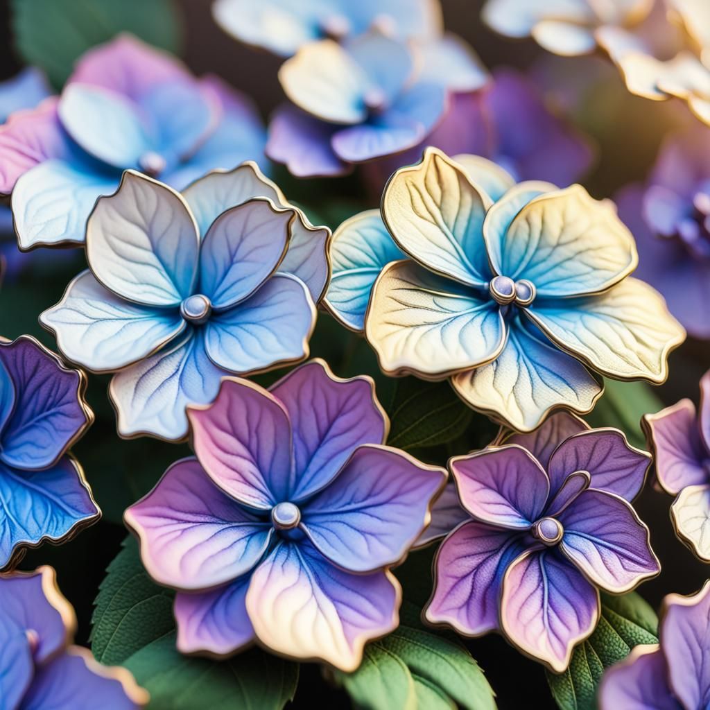 Enamel Pin Metal Hydrangeas in Golden Hour Light