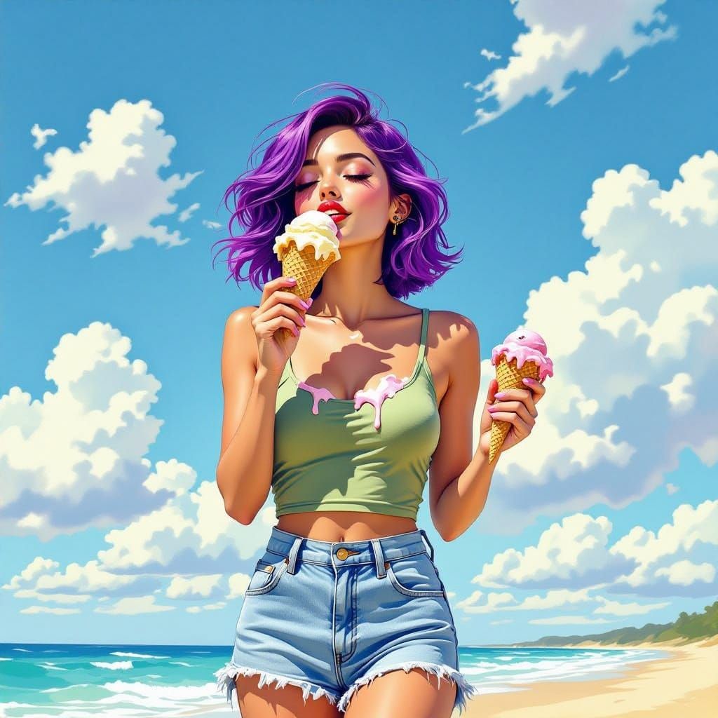 Woman Enjoys Melting Ice Cream on Hot Summer Day