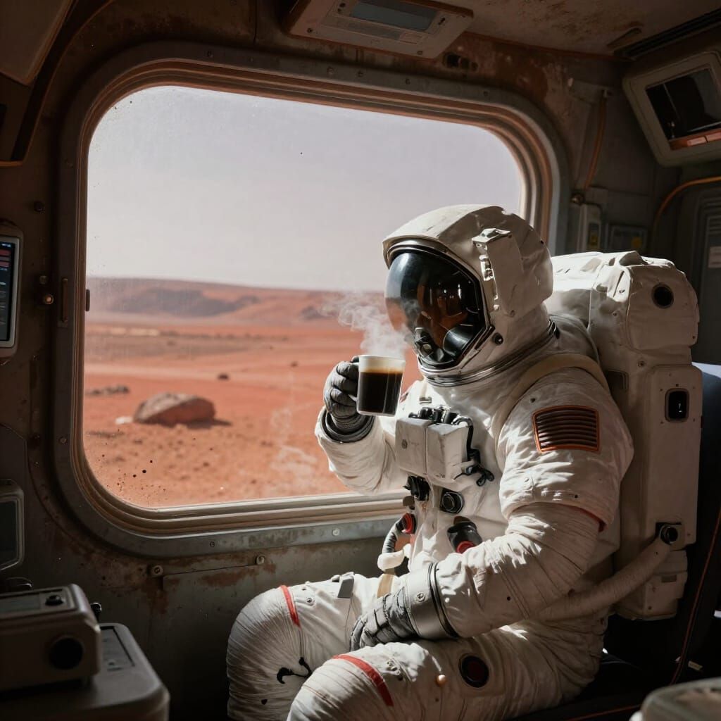Astronaut Sips Coffee in Realistic Mars Colony Concept Art