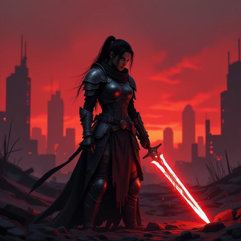Female Warrior in Ruined City, Dark Fantasy Concept Art