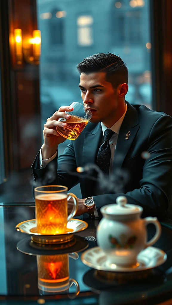 Cristiano Ronaldo Drinks Tea in Luxury Cafe: Realistic 4K