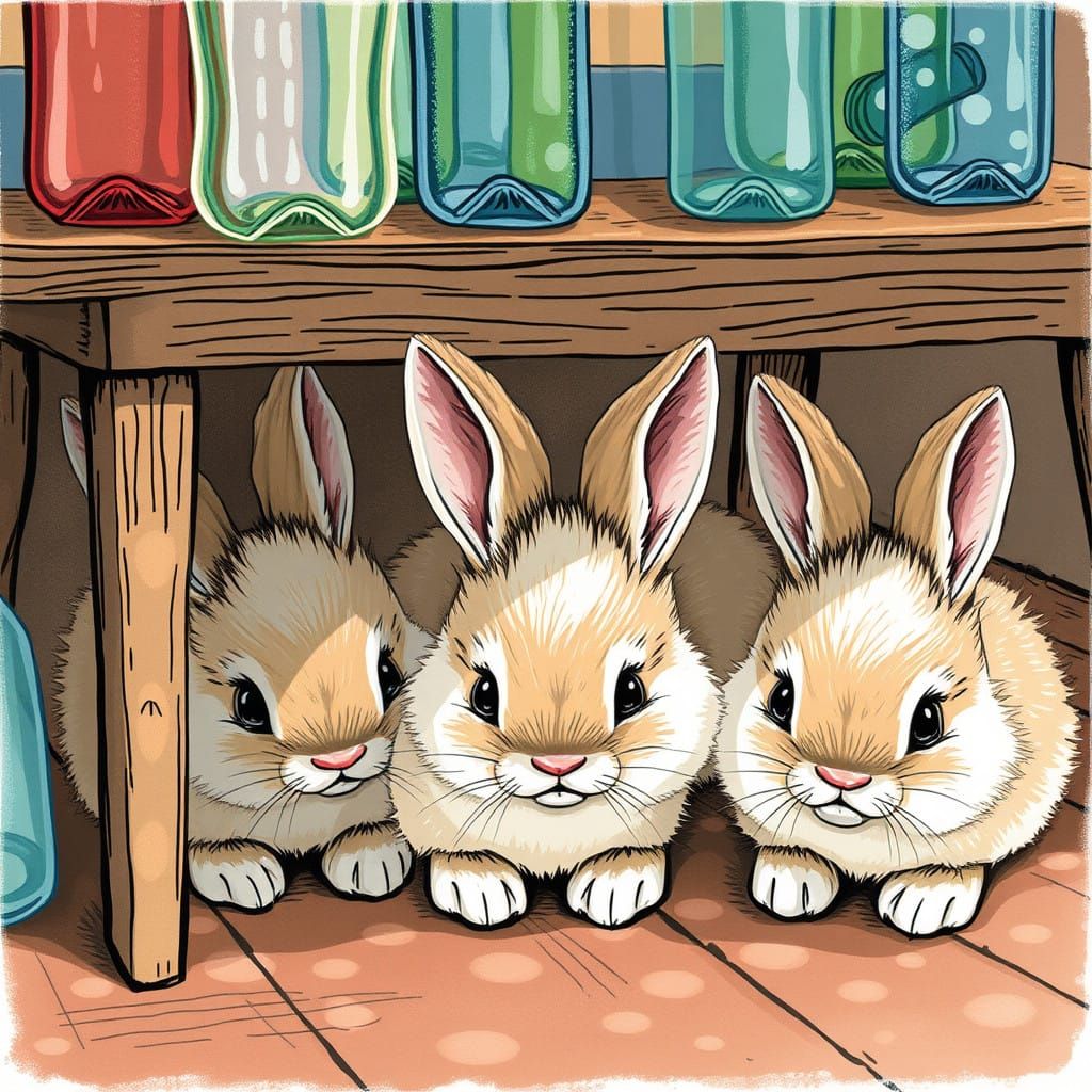 Whimsical Bunnies Emerge from Wooden Table