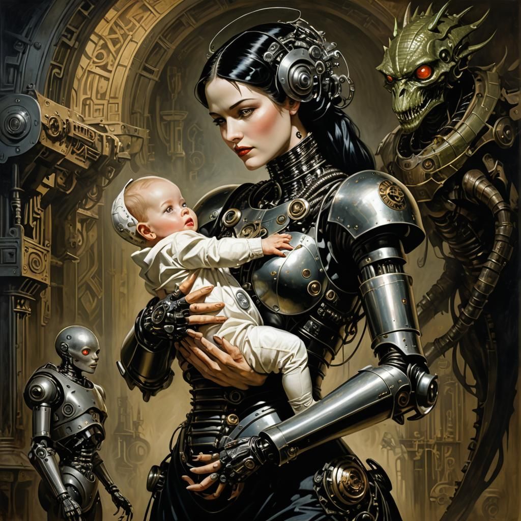 Dieselpunk Mother and Grotesque Robotic Baby
