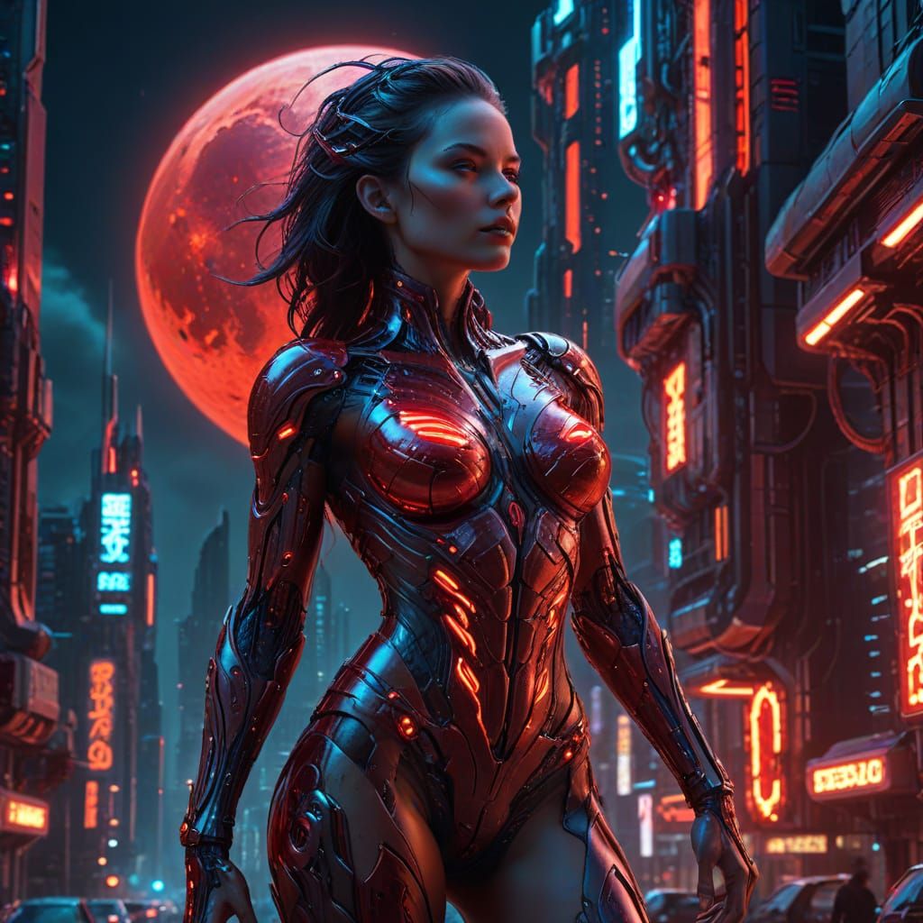 Biomechanical Woman in Neon City Under Blood Moon
