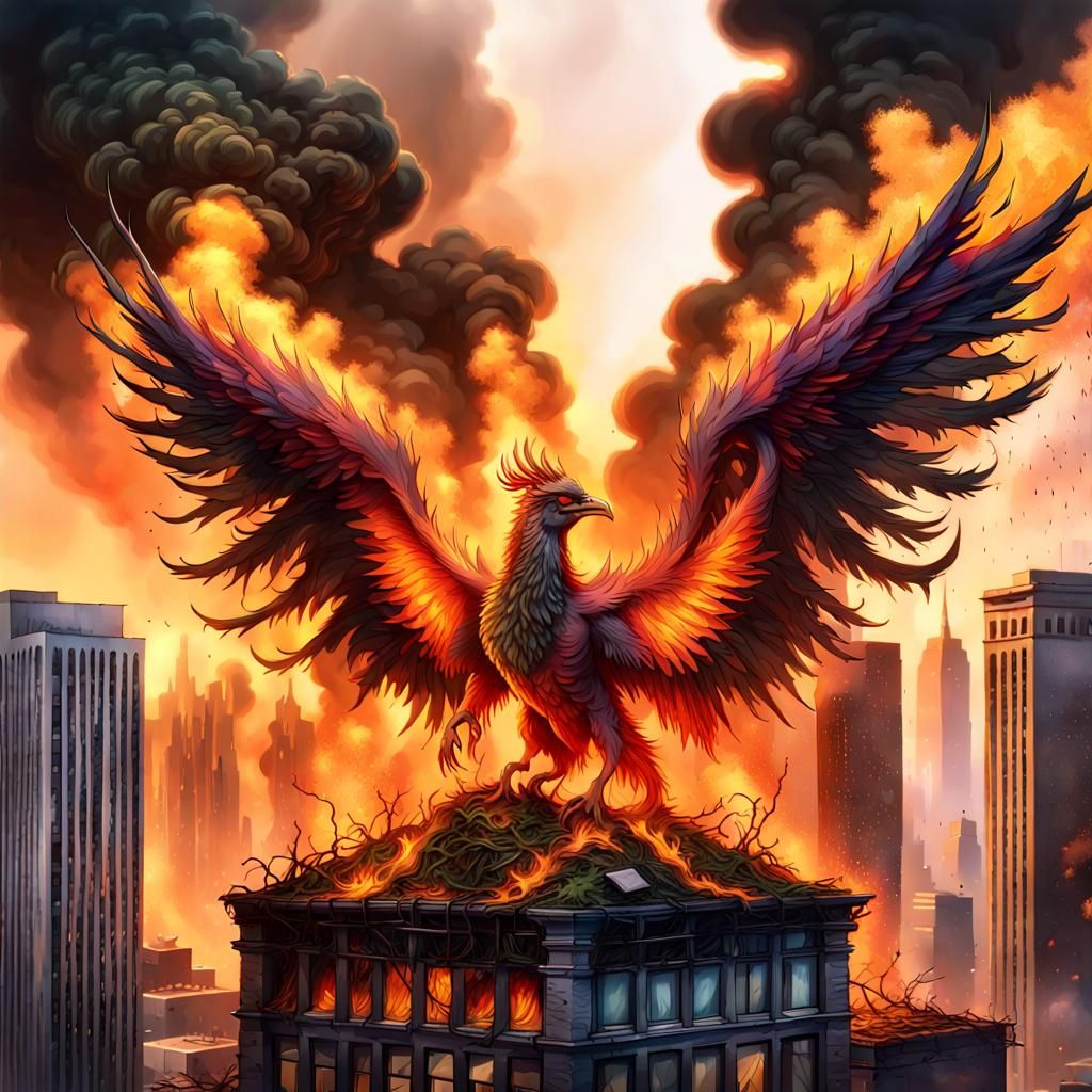 Demonic Phoenix Rises from Burning City, Photorealistic