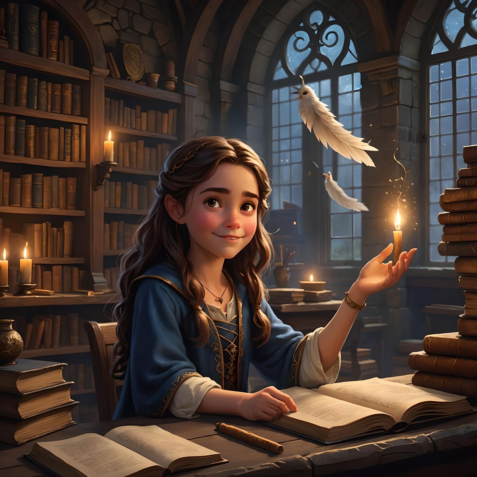 Happy Young Wizard in Mystical Classroom, Fantasy Art