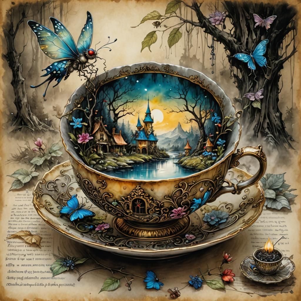 Enchanting Teacup Fairytale in Watercolor and Ink