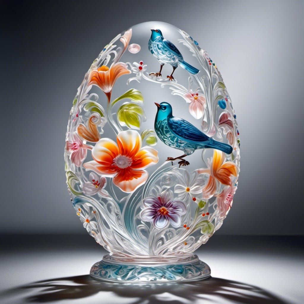 Translucent Glass Egg with Birds and Flowers