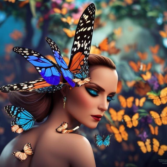 Beautiful Woman with Butterflies, Detailed Fantasy Art