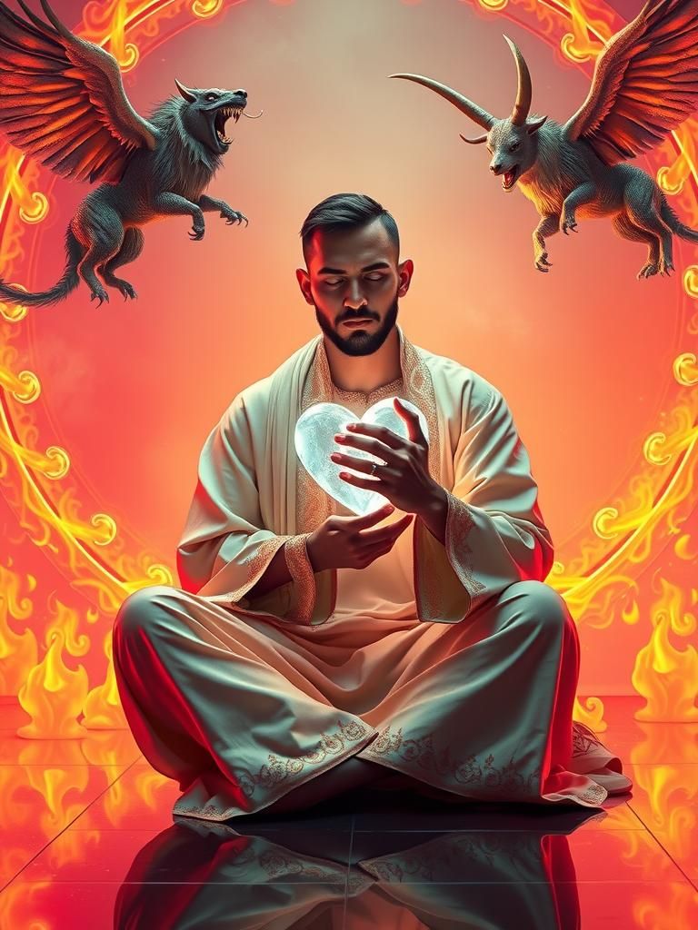 Man with Glowing Heart in Neon Flames