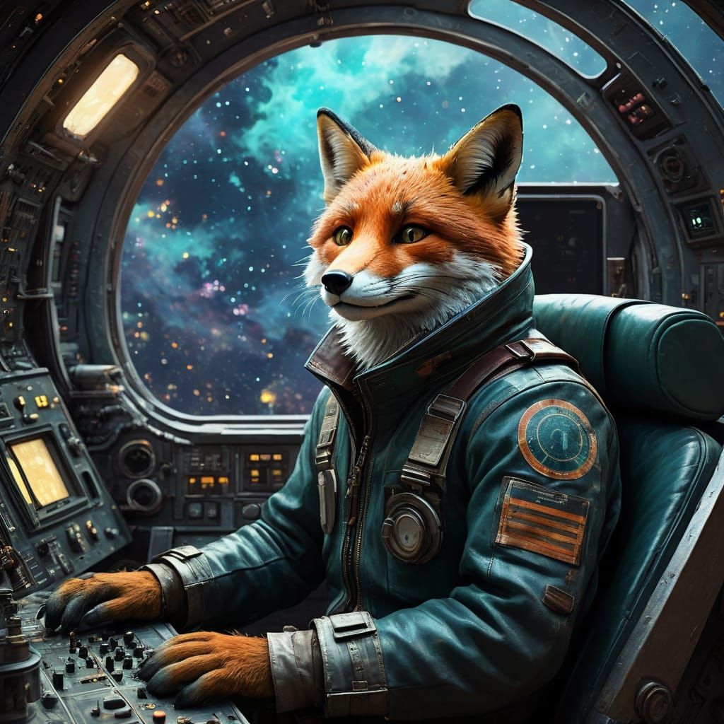 Fox Aviator Pilots Retro Spaceship Through Nebula