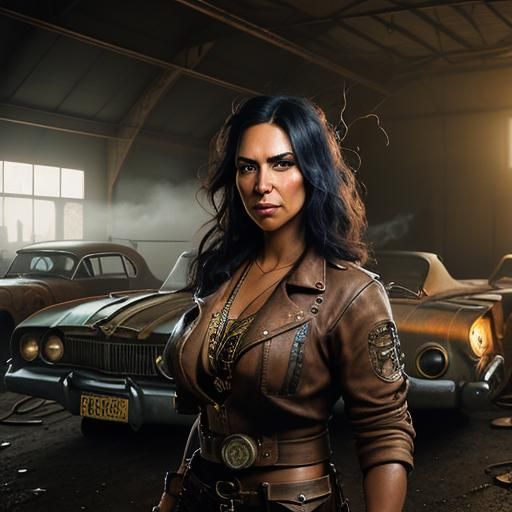 Steampunk Mechanic Girl in Garage at Twilight