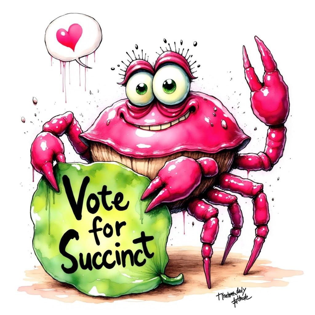 Sweaty Pink Crab Urges Vote for Succinct in Whimsical Cartoo...