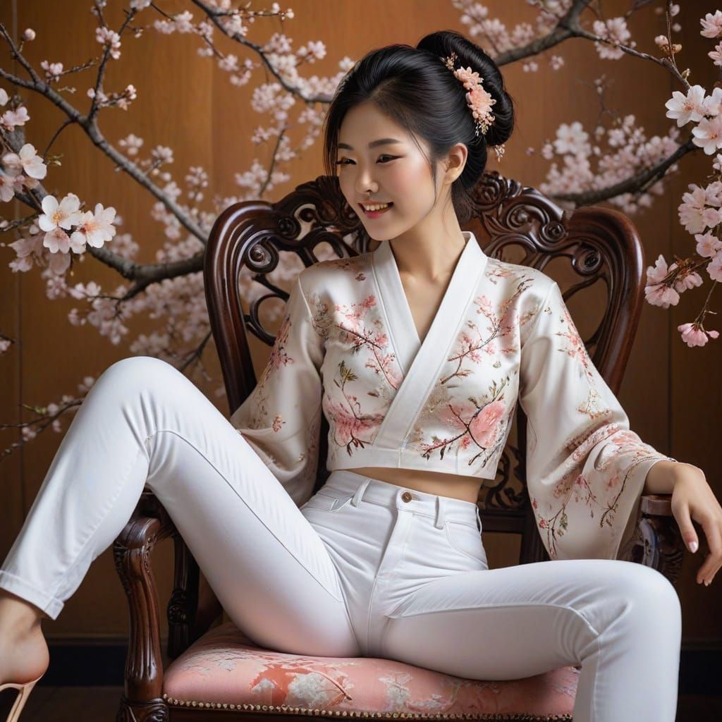 Smiling Geisha in Jeans and Crop Top, Vibrant Pastels
