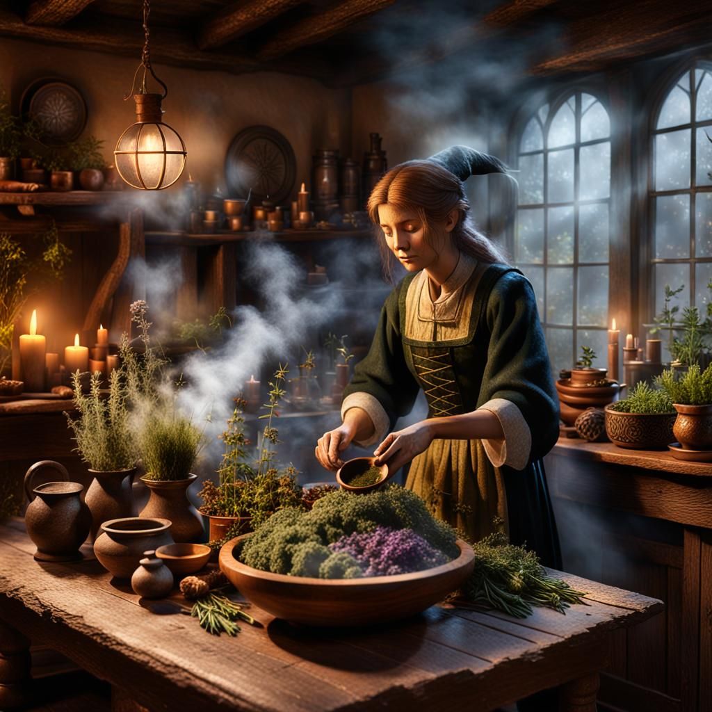 Herbal Witch at Table in Ethereal Fantasy Style
