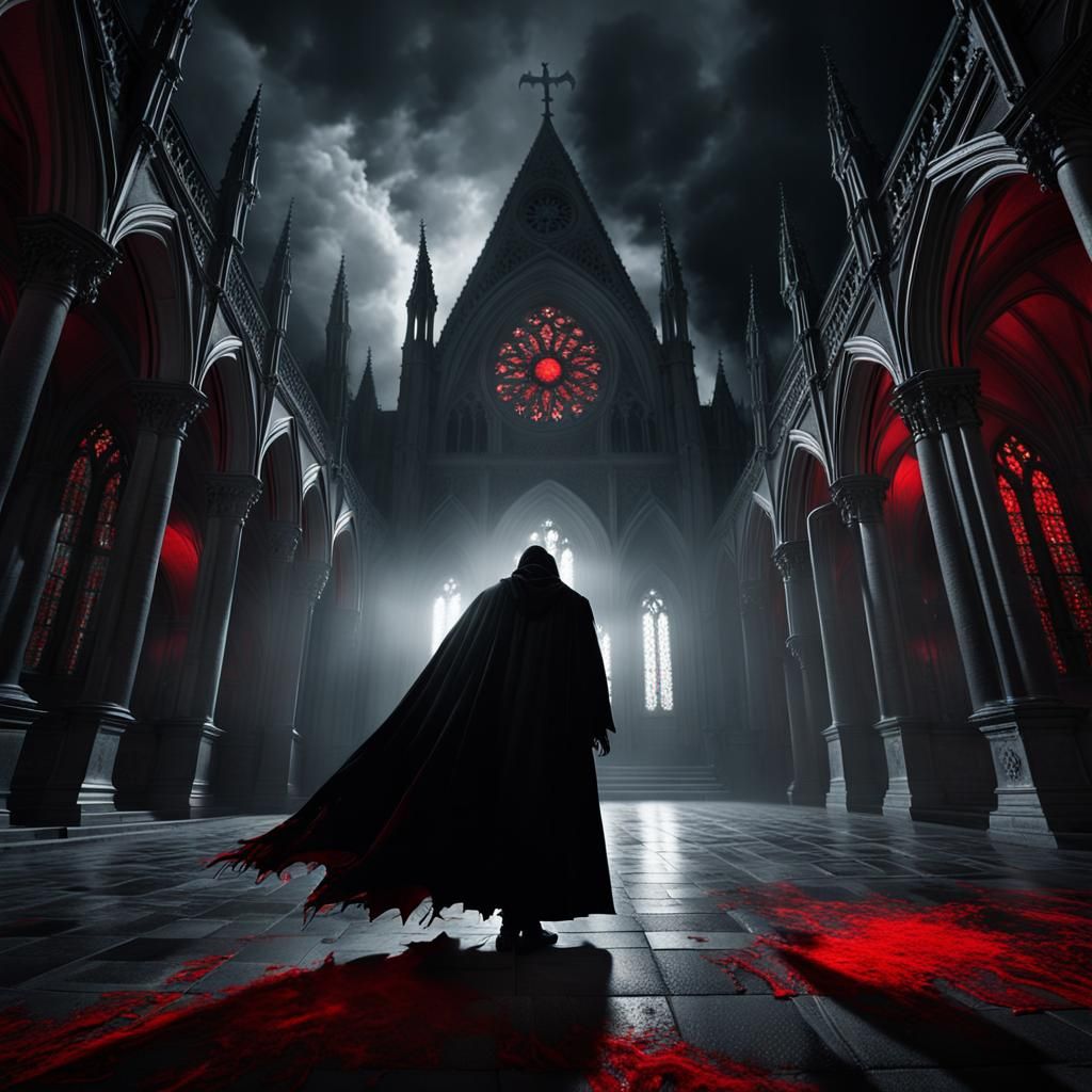 Mysterious Vampire in Gothic Cathedral as Dark Academia Art