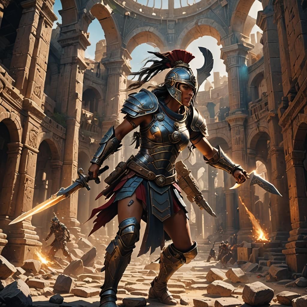 Bioengineered Gladiator in Ancient Arena: Matte Painting