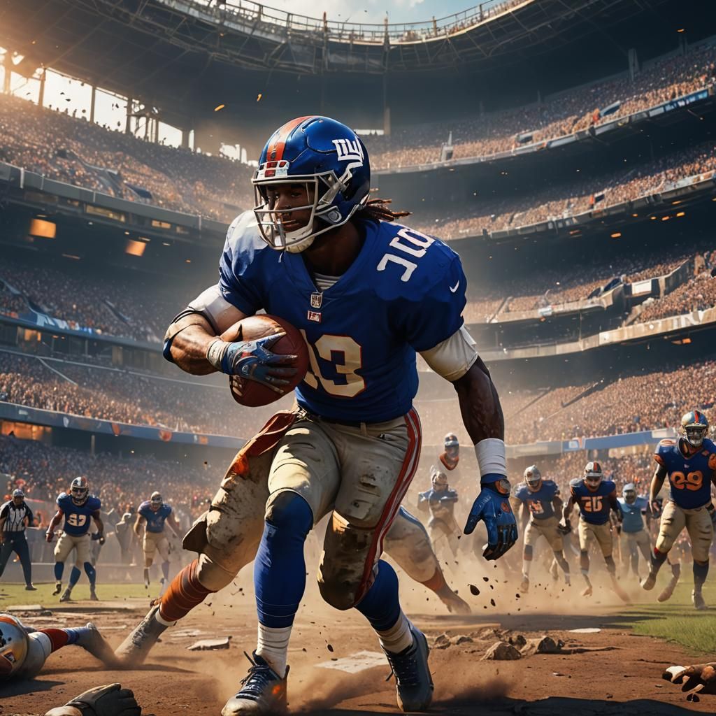 Giants Player Tackling in Mystical Ruined Stadium